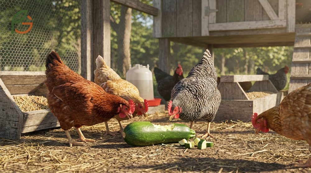 Feeding chickens zucchini in the afternoon ensures hens consume their complete layer feed first for optimal nutrition.