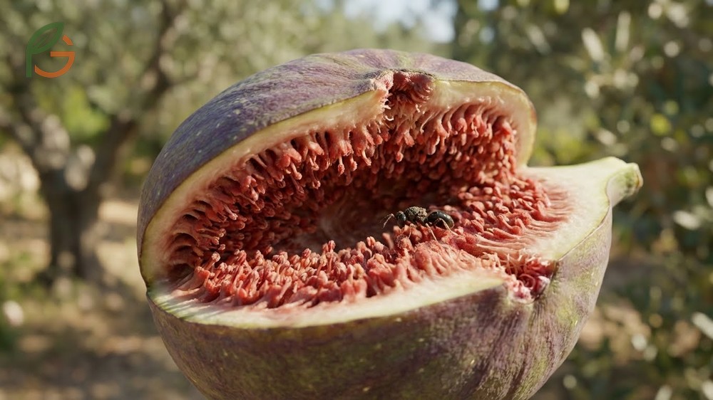 Female wasps enter the fig syconium to pollinate female flowers and lay eggs in short-styled flowers inside.