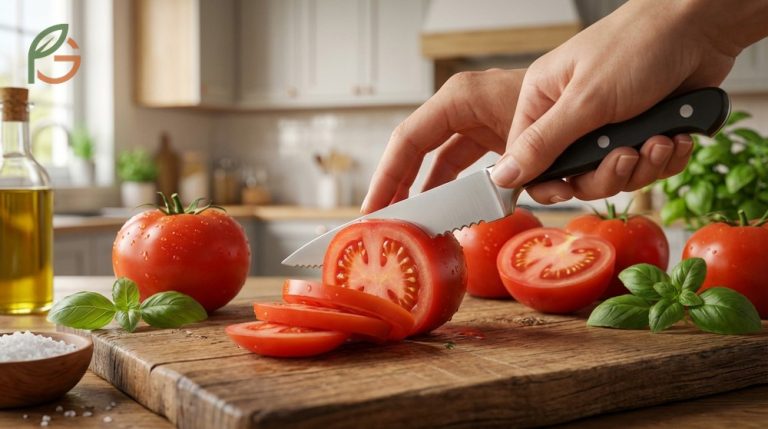 How to cut a tomato using a sharp serrated knife and gentle sawing motion for perfect slices.