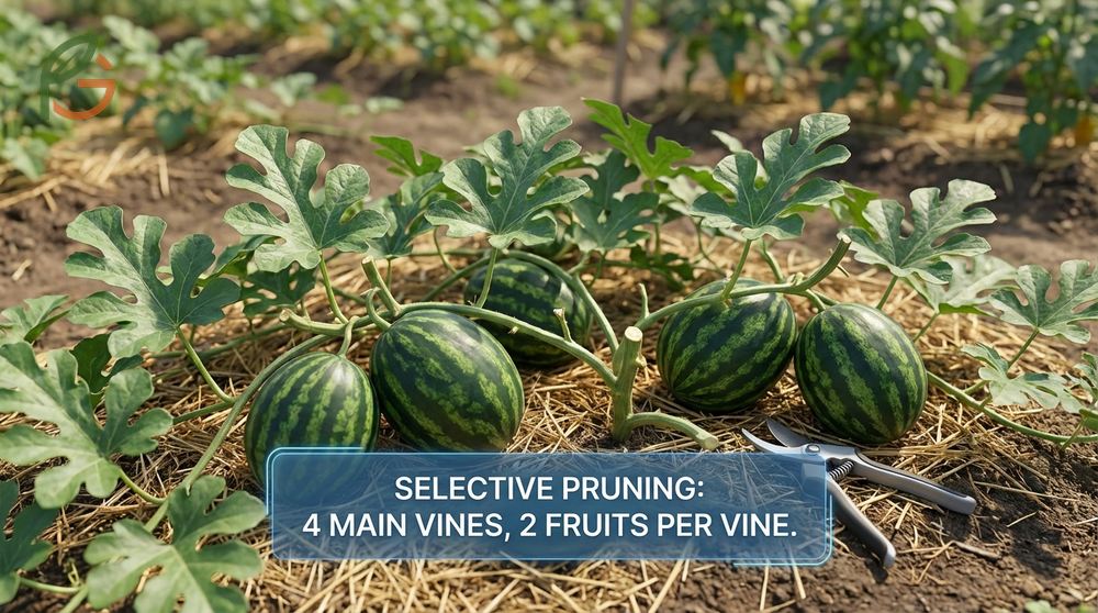 How to prune watermelon plants to four main vines with two fruits each to improve size and ensure sugar accumulation.