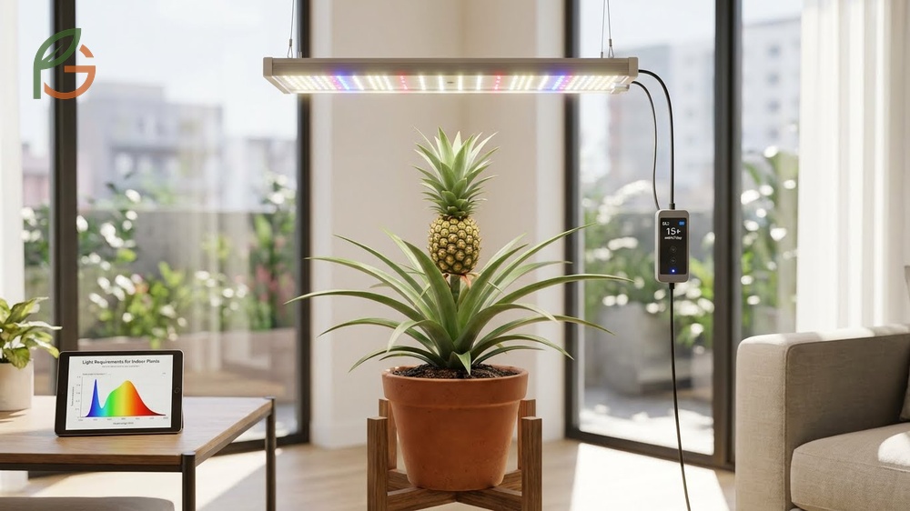 Full spectrum LED grow lights positioned above a pineapple plant to supplement natural light.