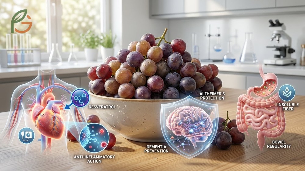 Muscadine grapes health benefits include 27% daily value of vitamin K per cup for bone metabolism.