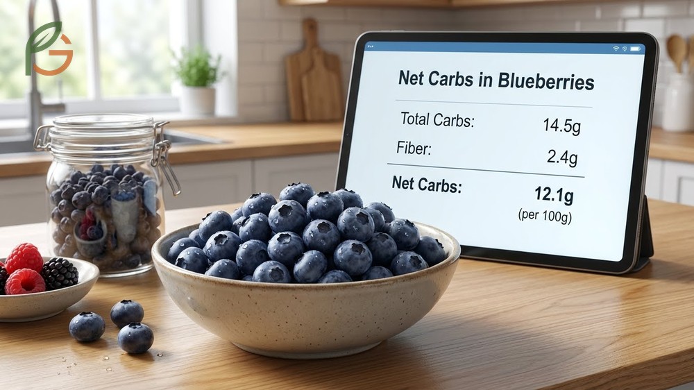 Net carbs in blueberries calculated at 12g per 100g serving compared to fiber content for keto tracking.