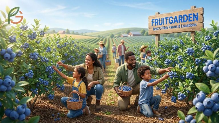 people picking ripe blueberries from bushes at a pick your own blueberry farm, with rows of blueberry plants and baskets filled with fresh berries under bright summer sunlight