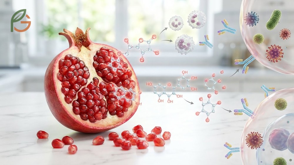 Pomegranate immune system support providing vitamin C and antimicrobial polyphenols to fight infections.