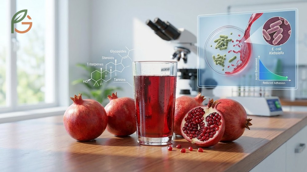 Pomegranate juice for UTI works by increasing urine acidity and preventing bacteria from adhering to bladder walls.