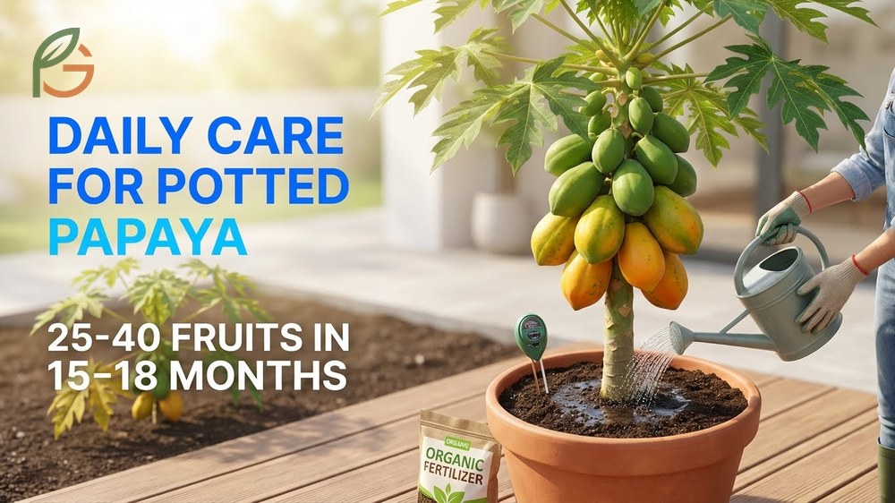 Potted papaya care involves consistent watering and regular feeding to ensure heavy fruit production.