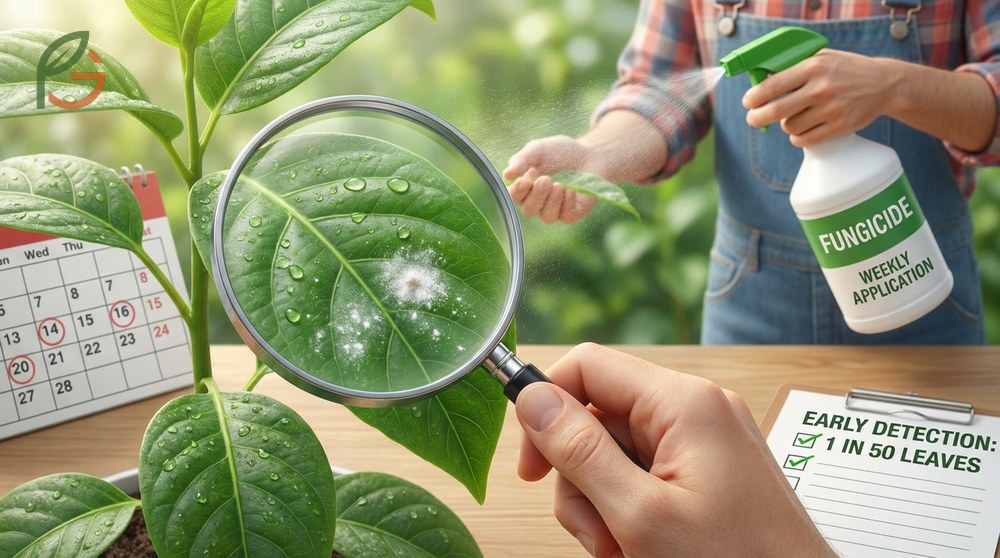 Powdery mildew treatment options include organic milk sprays or chemical copper fungicides applied weekly for control.