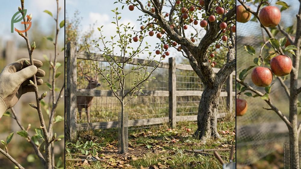 Protecting fruit trees using individual cages with 7-foot posts to prevent damage to persimmons during spring and fall.