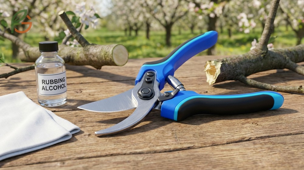 Pruning tools for fruit trees including bypass pruners and saws to make clean cuts that heal quickly.