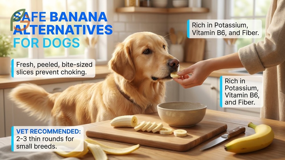 Safe banana alternatives for dogs including fresh slices and frozen chunks served in moderation.