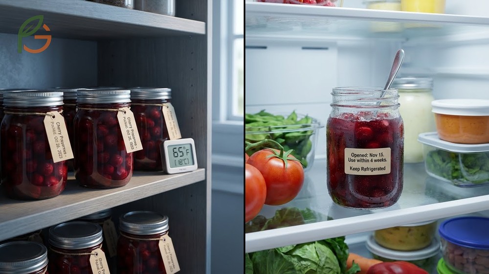Labeled jars of cherry preserves stored in a cool pantry to maintain quality for up to 18 months.