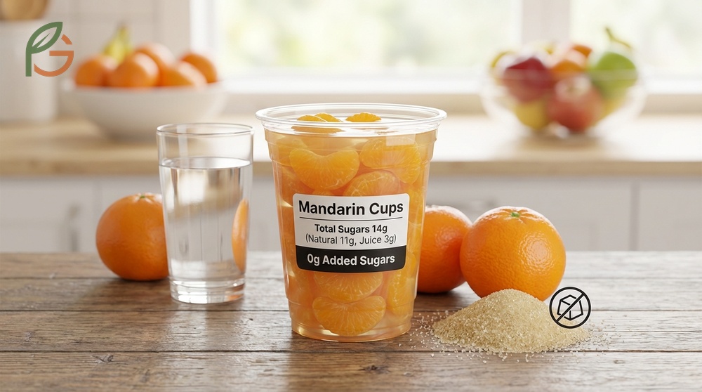 Sugar in mandarin cups analysis distinguishing 14g natural fruit sugars from added refined sugars in syrup.