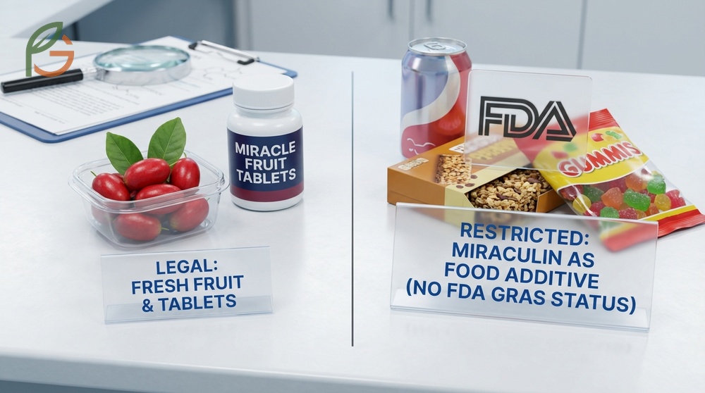 Miracle fruit is illegal as a food additive because it lacks FDA approval despite being safe to grow.