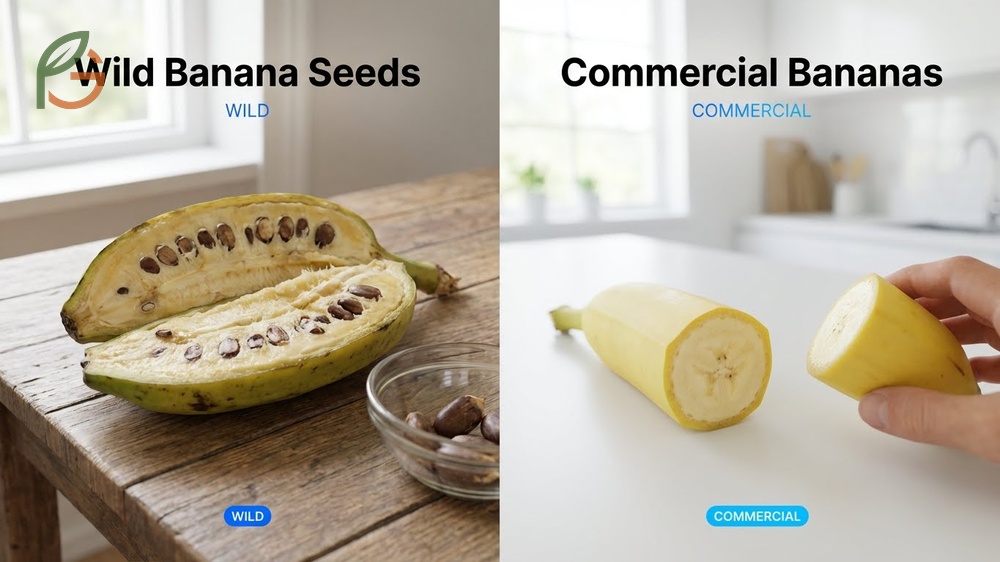 Wild banana seeds versus commercial bananas comparing seeded fruit to seedless sterile hybrids.