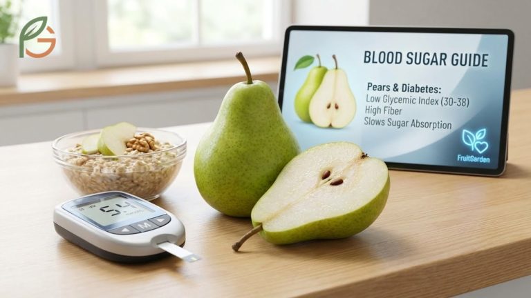 Fresh pears displayed on a table representing a low glycemic fruit choice that supports stable blood sugar levels.