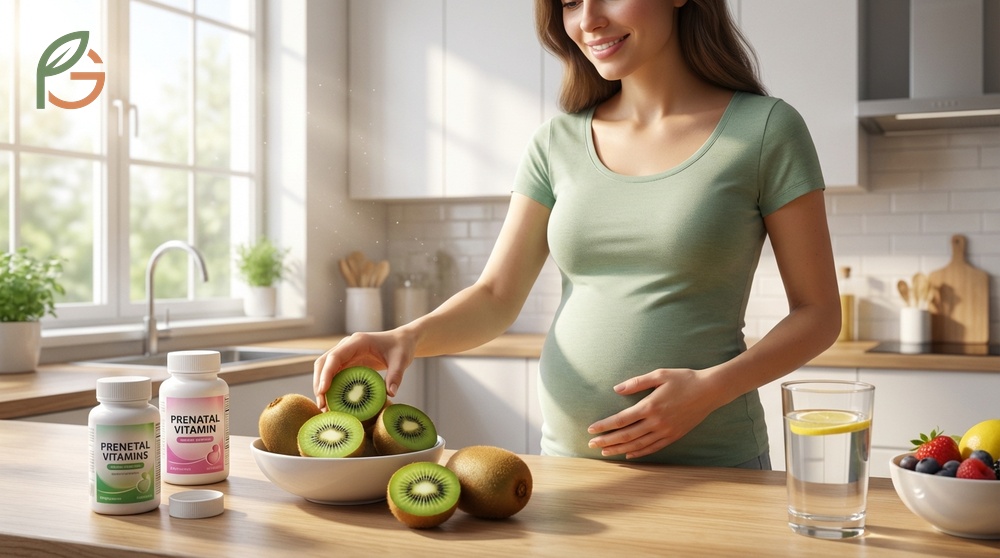 Benefits of kiwi fruit in pregnancy include 25 mcg of folate to support neural tube development.