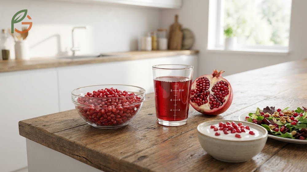 Best ways for pomegranate consumption suggesting fresh arils in oatmeal or pure juice for daily nutrition.