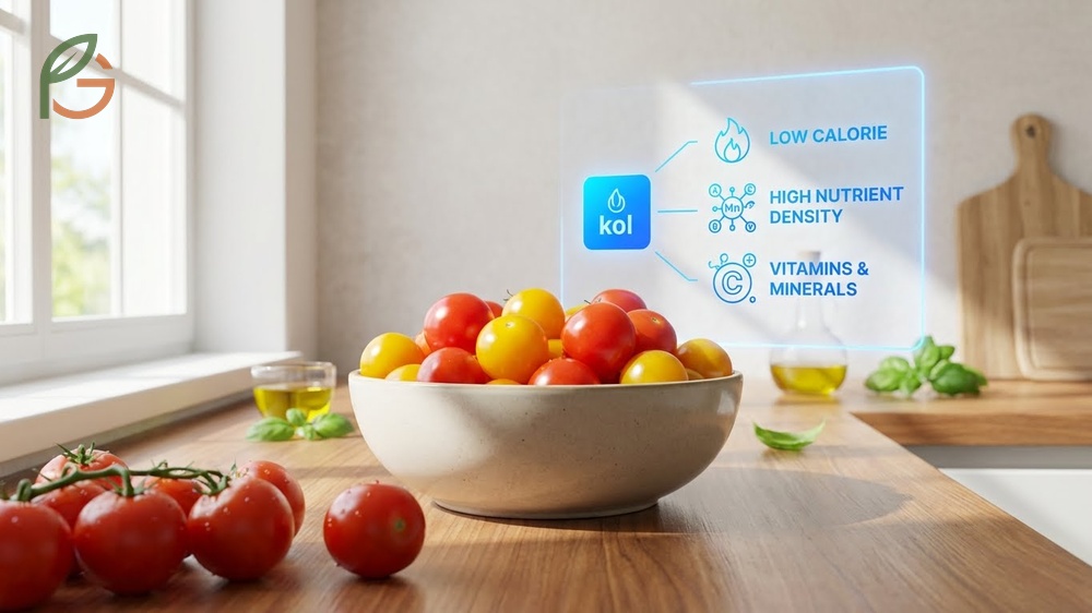 Cherry tomato nutrition facts highlighting 26 percent daily vitamin C and lycopene content.