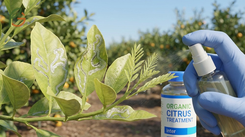 Citrus leaf miner treatment using spinosad spray every 7 days during flush to prevent damage.