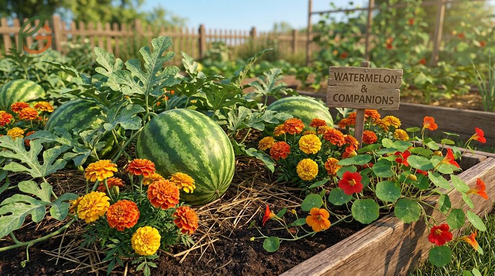 Companion planting watermelon with marigolds spaced 6 to 8 inches apart repels nematodes and deters harmful squash bugs.