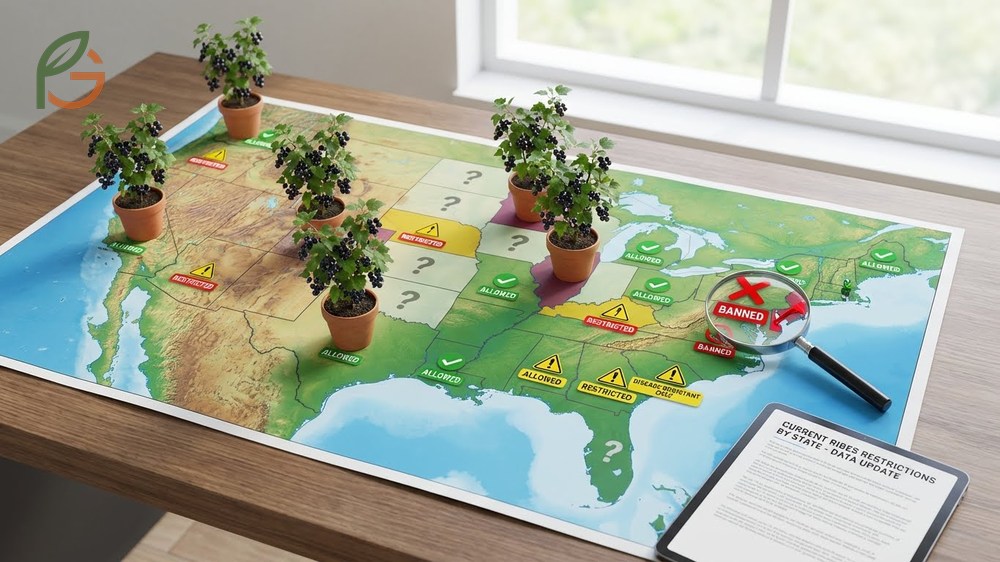Current Ribes restrictions by state map showing where black currant cultivation remains prohibited or regulated.