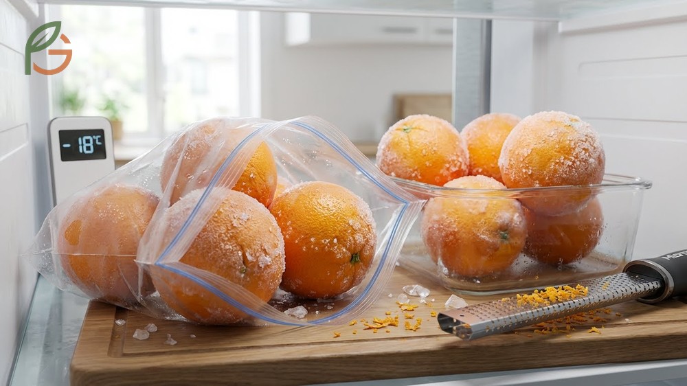 Freezing whole oranges involves washing and drying fruit to preserve it effectively for future juice extraction.