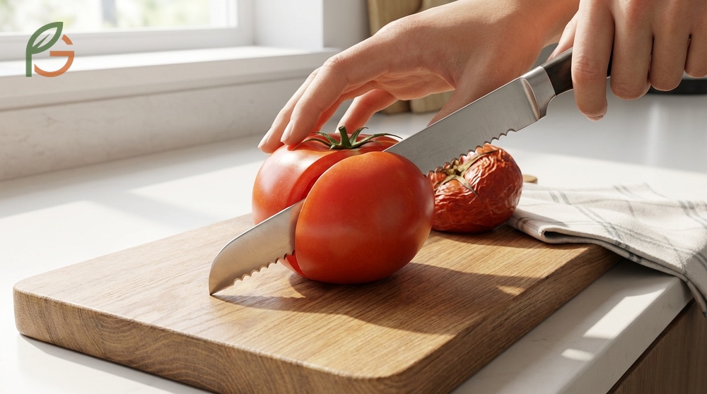 How to cut a tomato properly by using a serrated blade to grip the skin without crushing the flesh.