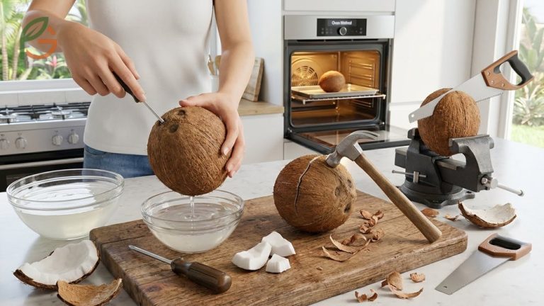 How to open a coconut safely at home using simple tools like a hammer, screwdriver, or oven method.