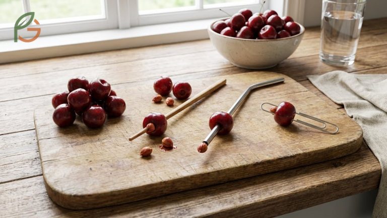 Various household tools like paperclips and chopsticks arranged for pitting cherries without specialized gadgets.