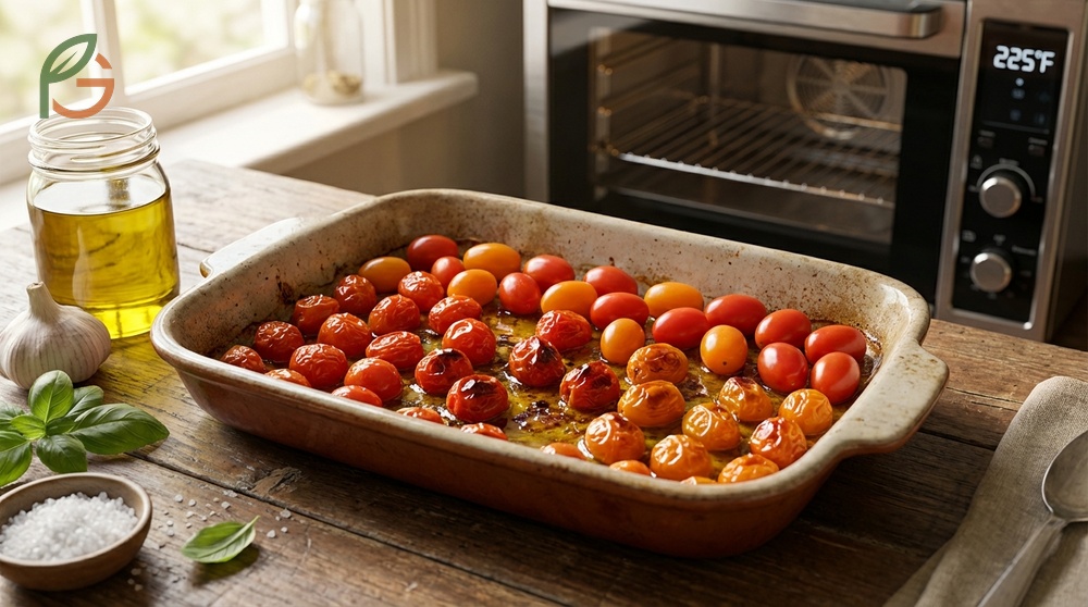 How to roast grape tomatoes at 225 degrees Fahrenheit for 90 minutes to concentrate flavor and lycopene.