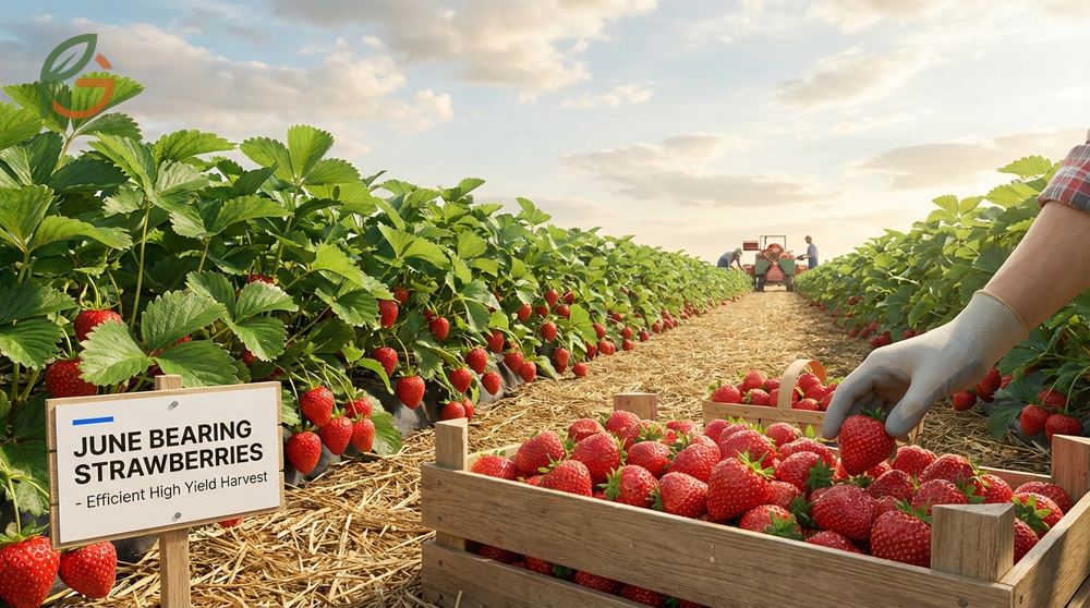 June bearing strawberry plants producing one concentrated harvest of 60 to 100 berries per plant in early summer.