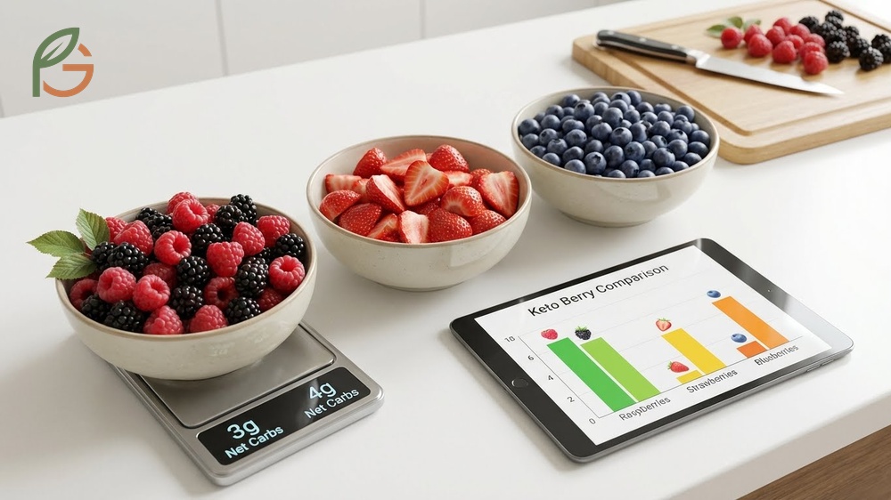Keto berry options comparing blueberry carb counts to lower carb alternatives like raspberries and blackberries.