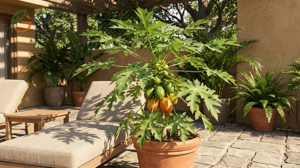 Patio papaya trees thrive in full morning sun and create a tropical ambiance in outdoor living spaces.
