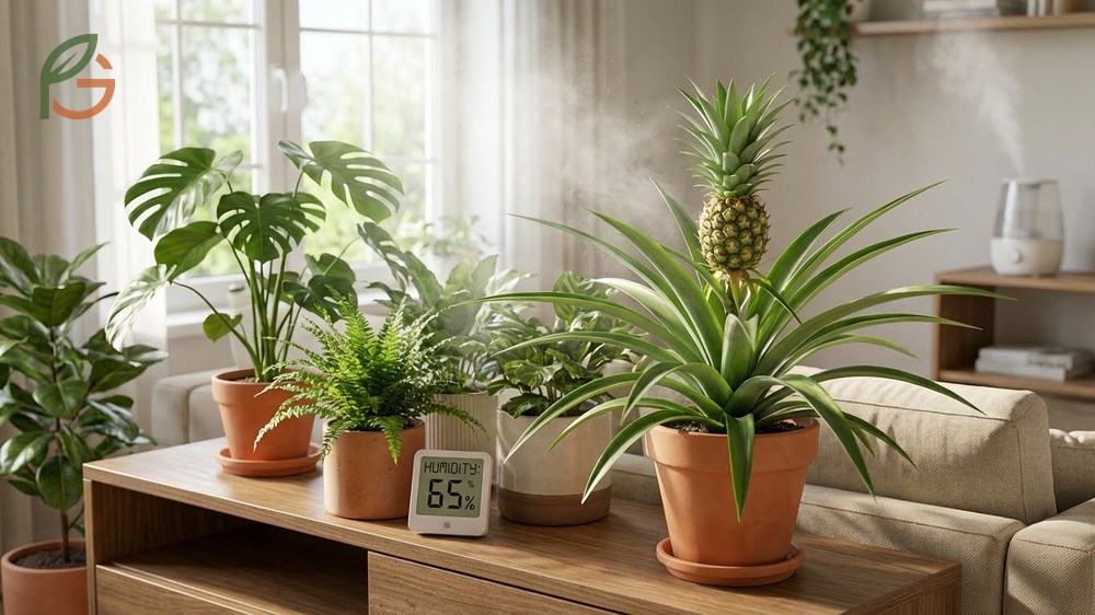A pineapple plant sitting on a humidity tray with pebbles to prevent leaf tip browning.