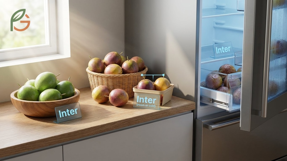 Proper storage methods for different ripeness stages include refrigerating fully ripe wrinkled fruit to prevent over ripening.