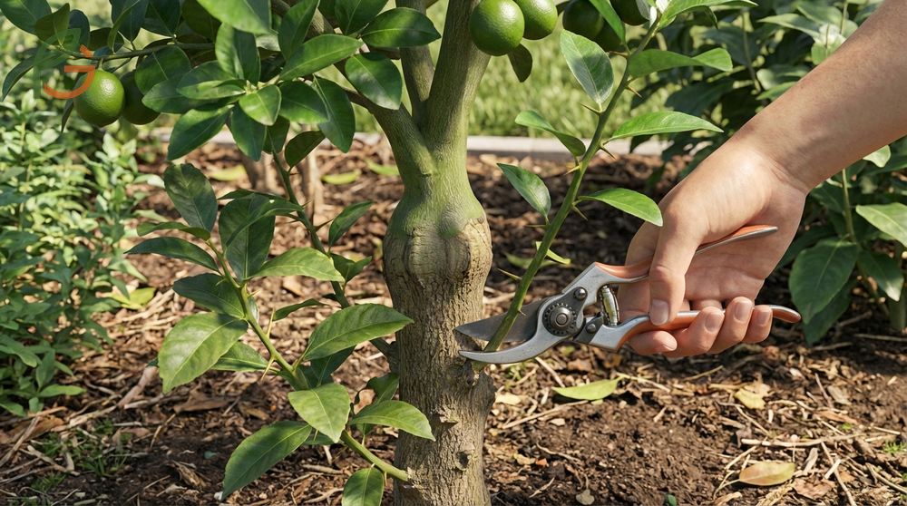 Removing suckers from lime tree below the graft union prevents nutrient theft and wild rootstock growth.