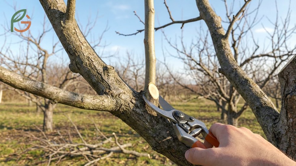 Removing water sprouts and suckers from the trunk and rootstock ensures energy goes to fruit production.