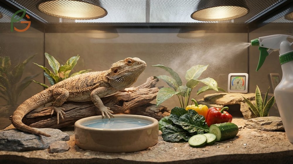 Hydration for reptiles includes water bowls and 15 minute baths to prevent signs like sunken eyes.