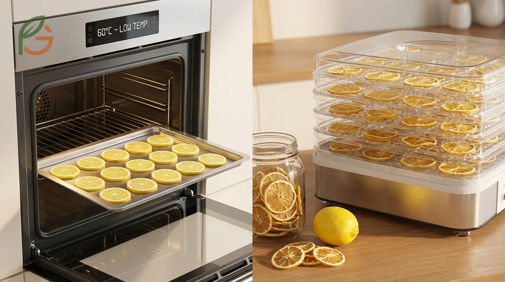 Slicing fresh lemons to a uniform thickness of 1/4 inch ensures consistent drying results.