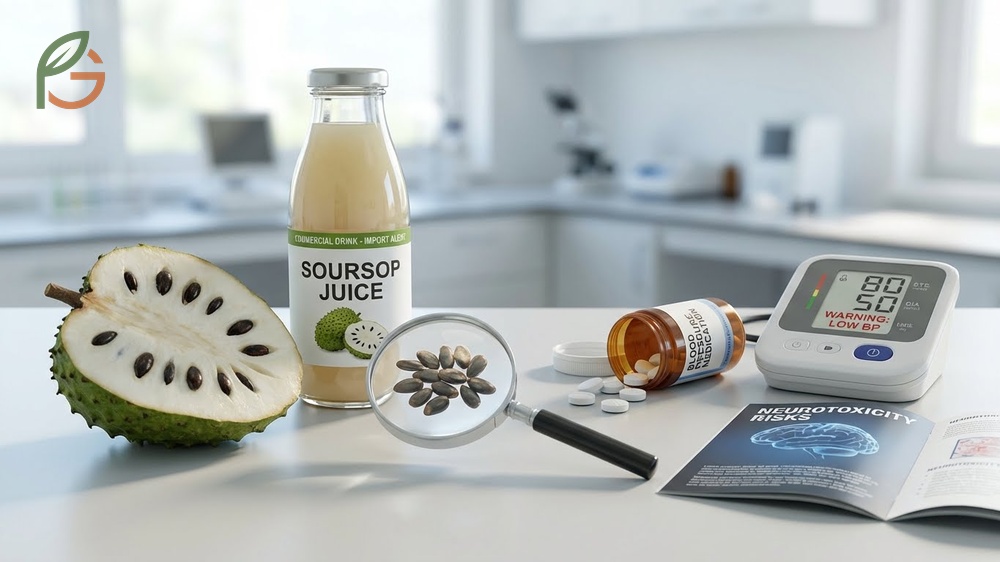 Soursop health risks emphasizing seed toxicity and dangers of consuming commercial juice contaminated with crushed seeds.
