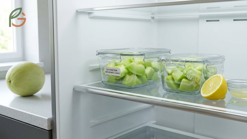 Storing cut melon in fridge using airtight containers keeps honeydew fresh for up to four days.