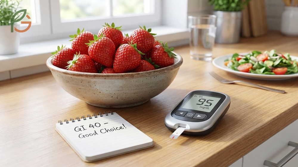 A bowl of strawberries highlighting fiber and polyphenols that help slow carbohydrate digestion and improve insulin sensitivity.