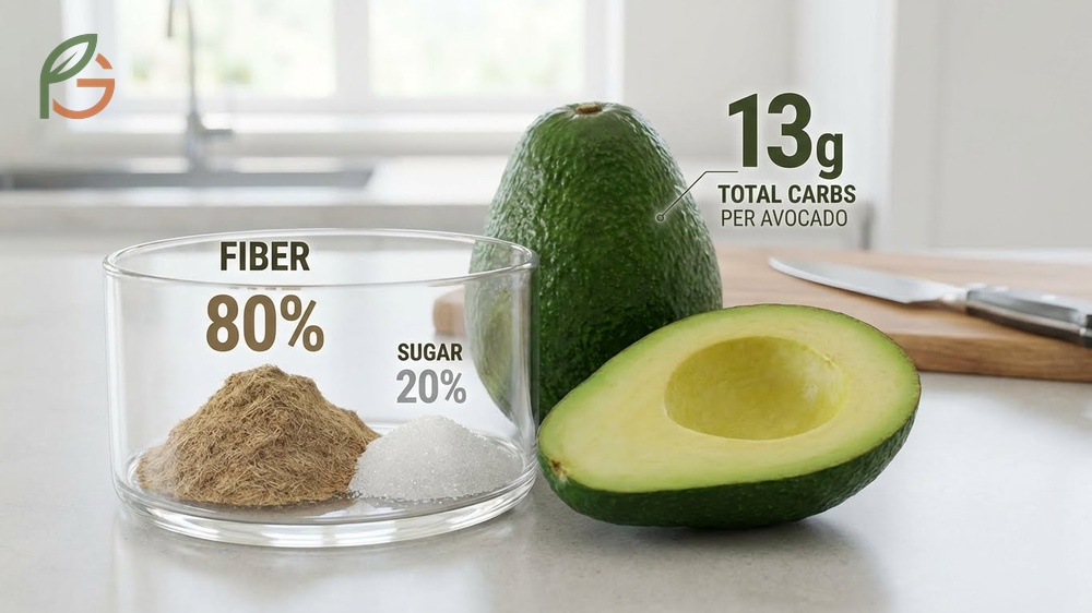 How many carbs in avocado breakdown showing high fiber content and minimal sugar in whole fruit.