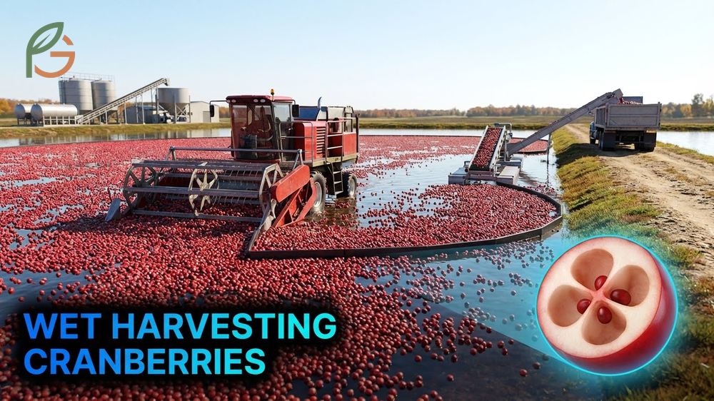 Wet harvesting cranberries process where 90 to 95% of berries are corralled using wooden booms in flooded bogs.