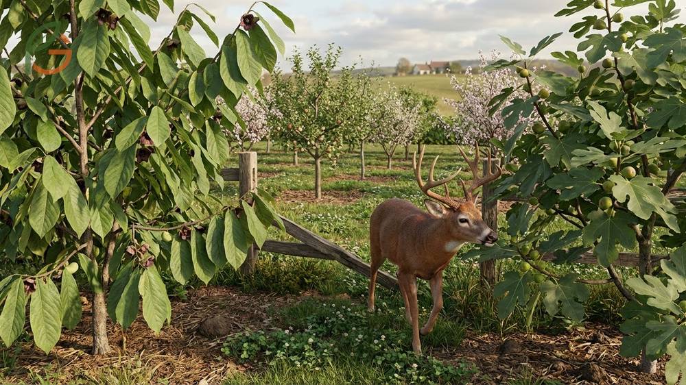 Wildlife resistant orchard design placing pawpaws on the perimeter as buffers and vulnerable apples in central protected zones.