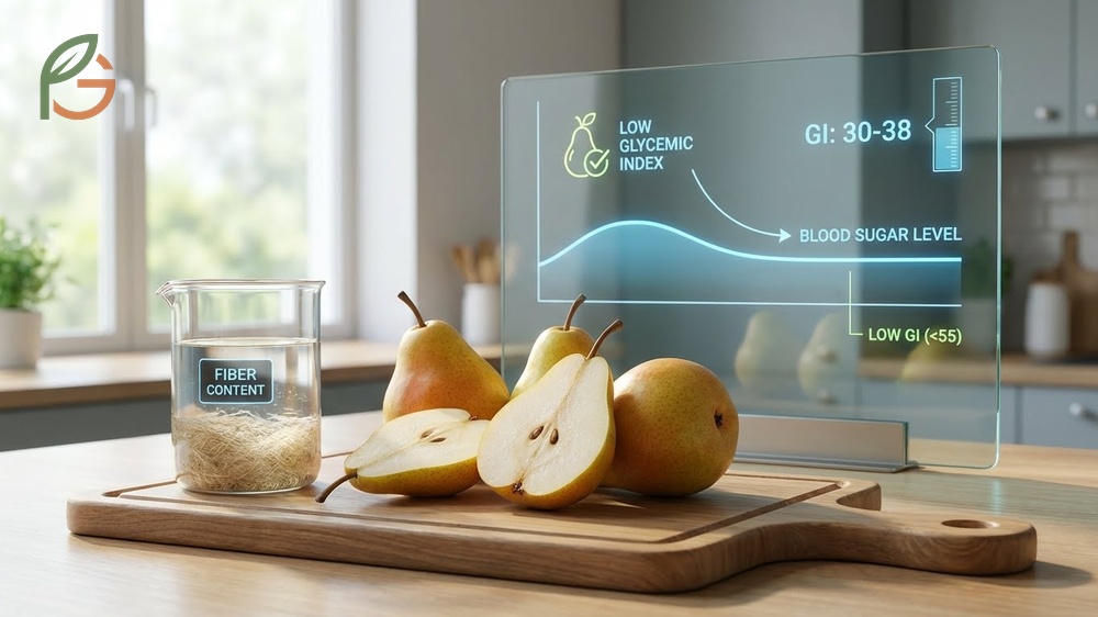 A medium pear containing six grams of fiber helps slow down sugar absorption and prevents dangerous glucose spikes.