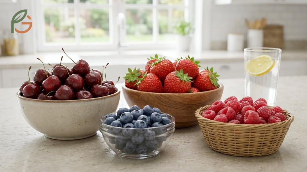 Comparison of diabetes-friendly fruits including berries, apples, and pears with low glycemic scores.