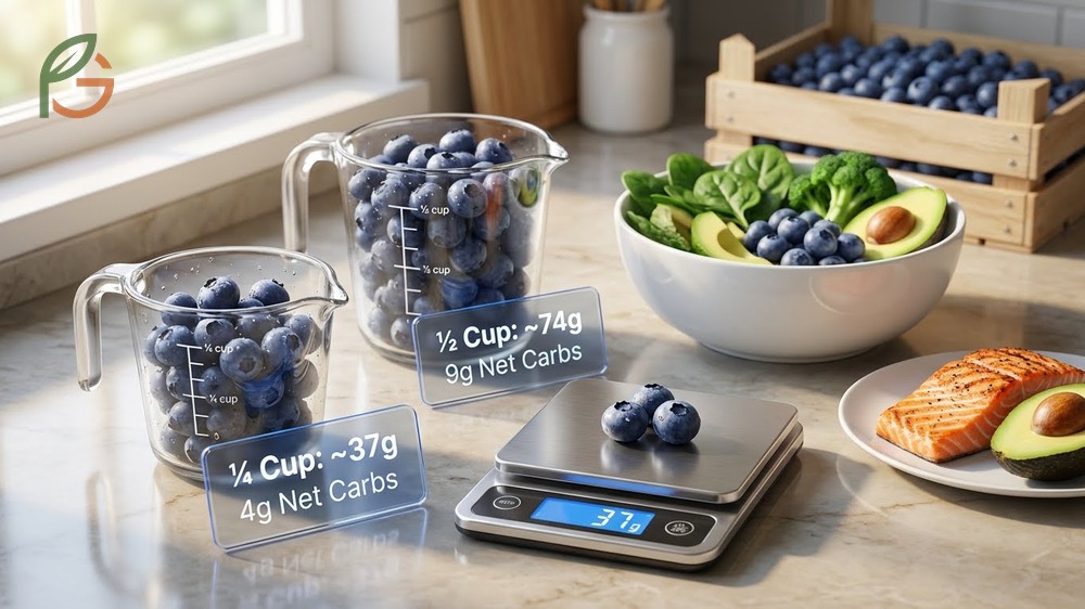 Blueberry portion size for keto diets recommended at one quarter cup to stay within daily macro limits.