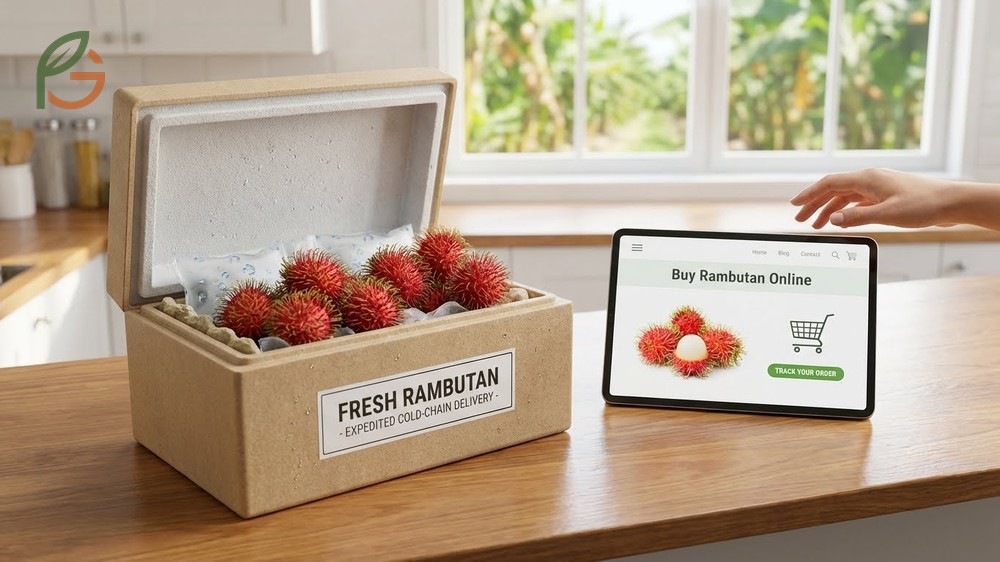 Buy rambutan online options featuring retailers like Miami Fruit and Tropical Fruit Box with prices.